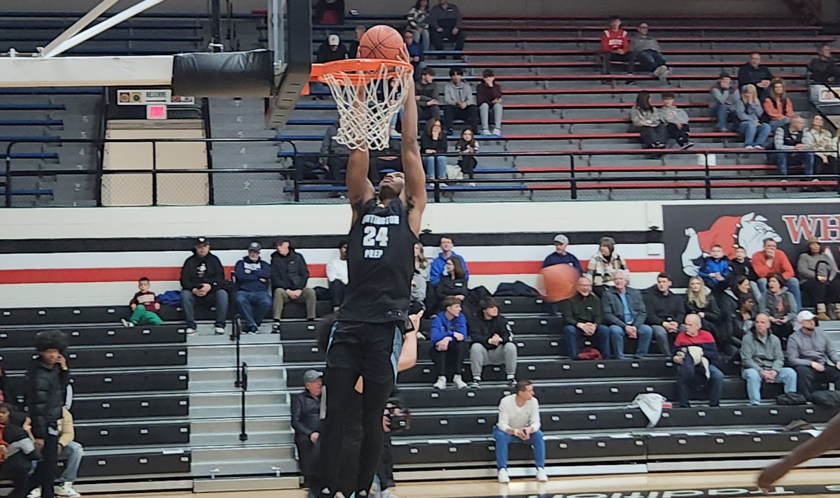 Darryn Peterson of Huntington Prep dunks in warmups before a game against Richmond Heights on February 17, 2024